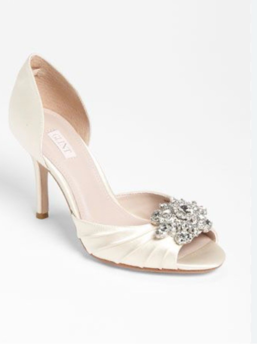 Glint ivory satin Peep toe d’orsay wedding Heels with Crystal Brooches